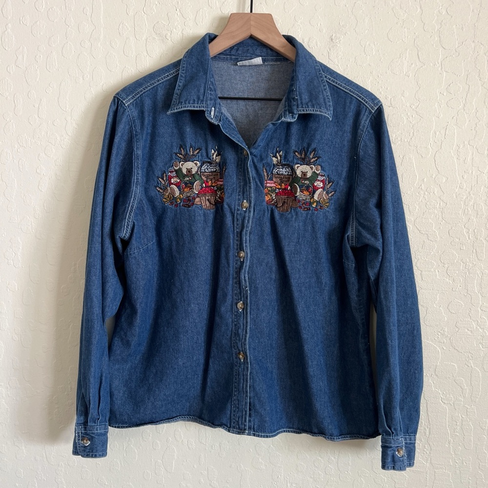 Vintage Cabin Creek Fall Embroidered Chambray Denim Button Down Shirt Medium